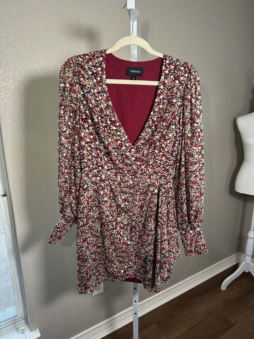 Yumi Kim All Or Nothing Mini Dress in Maroon Floral with Metallic Accents